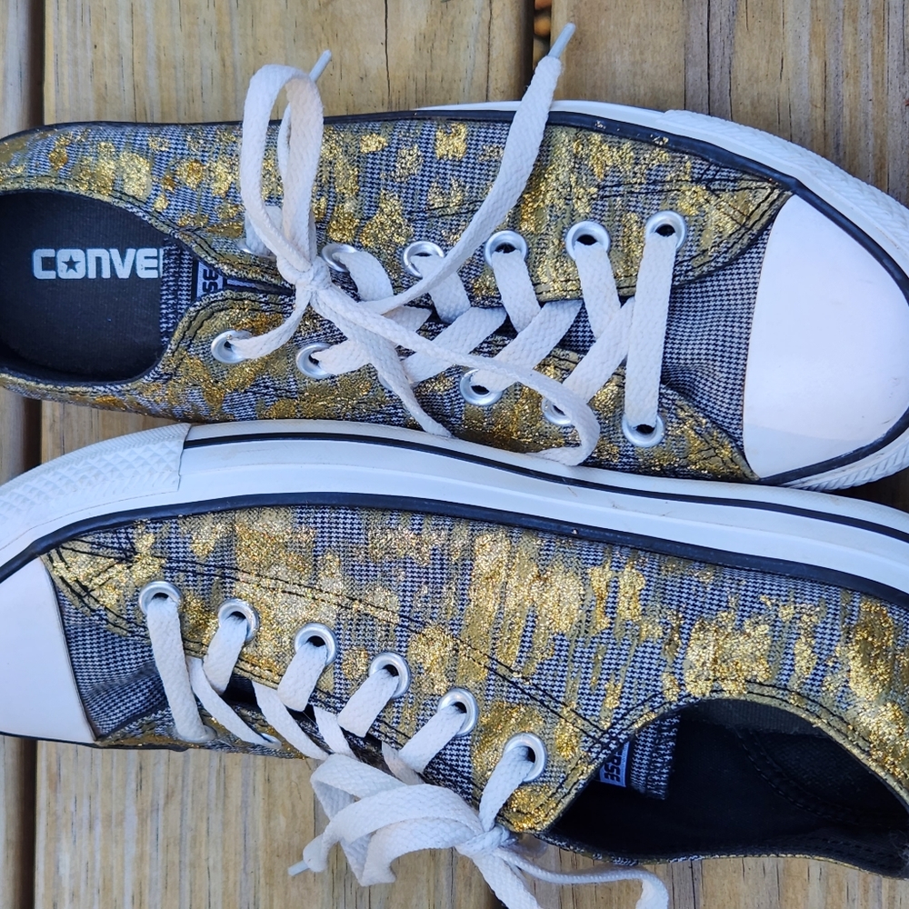 Converse Custom Designed Black and Metalic Glitter Gold Shoes Size 9 AMAZING